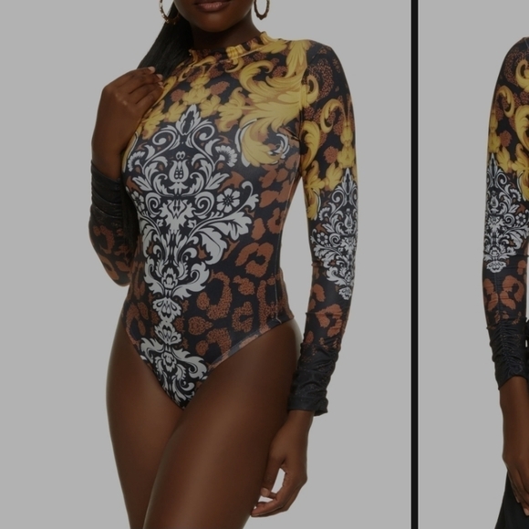 Mega Wear Leopard Status Print Mock Neck Bodysuit - Multi Color. Size Small. New - Picture 3 of 7